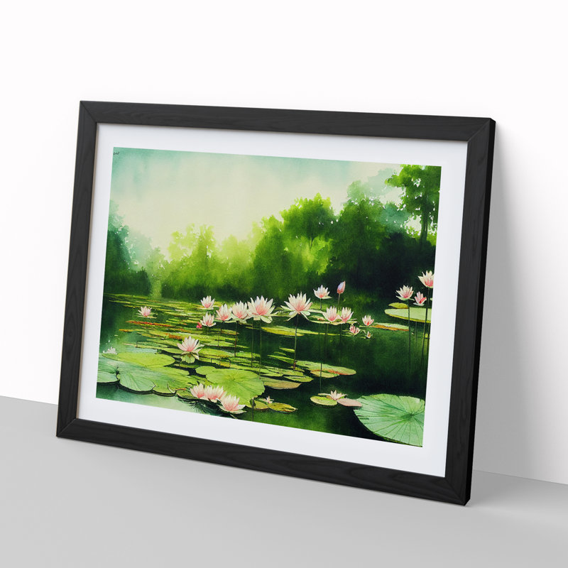 Lily Pond Watercolour Vol.2 - Single Picture Frame Painting, 46cm H x 64cm W x 2cm D, Black