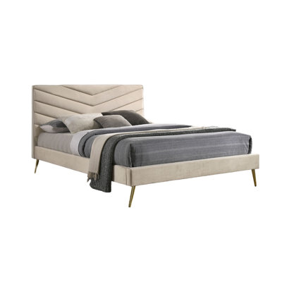 Queen Size Bedroom Bed With Mid-Century Modern Beige Flannelette Headboard Angled Gold Legs And Padded