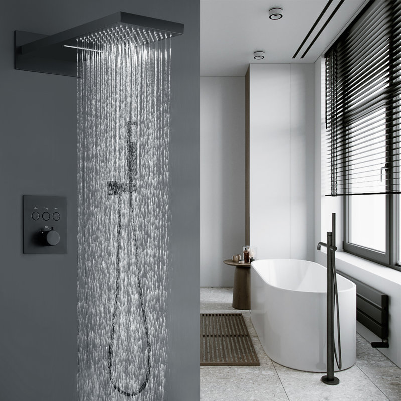  High Pressure Thermostatic Shower System, Brass Wall Mounted Shower Faucet Set with Rain&Waterfall Shower Head and Handheld Spray