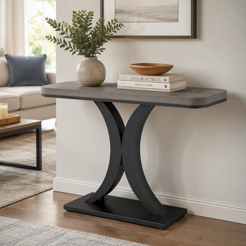 Console 40 po, table de vestibule étroite avec base géométrique, Gray / Black, Gray, Black