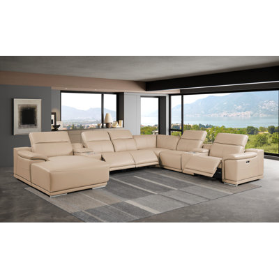 Canapé modulaire en L en cuir véritable 8 pièces beige avec 3 fauteuils inclinables électriques et appuis-tête réglables