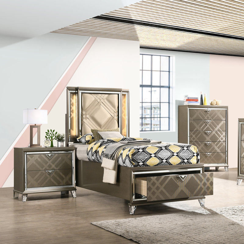Lit simple avec rangement en beige et champagne foncé, élimine le sommier tapissier, tête de lit rectangulaire et lit à champagne à tiroirs à profil bas, pas besoin de touche moderne, 2 pour l'organisation