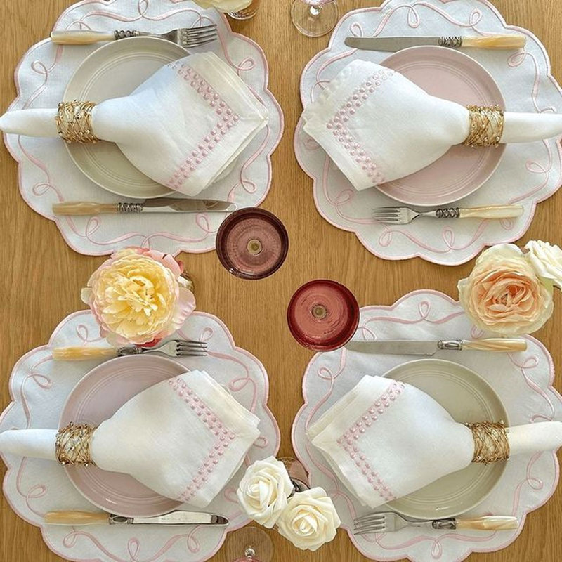 Ribbon Twirl Cotton Blend Scalloped Placemats, Navy