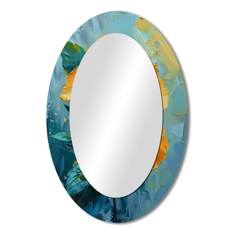 Décoration vibrante miroir hibiscus bleu et jaune - ovale jaune, 36 po x 24 po