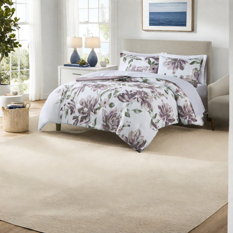 Ensemble de literie moderne à motif floral mauve, en polyester doux, parfait pour la maison