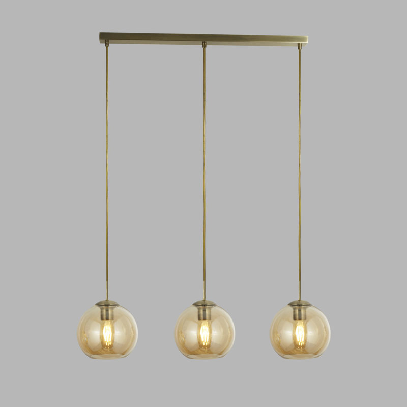 3 - Light Kitchen Island Globe Pendant, Antique Brass/Amber