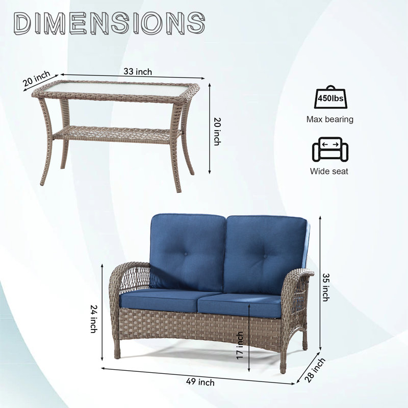 Mertis 2 Pieces Rattan Patio Conversation Set with One Seat & One Table, Blue