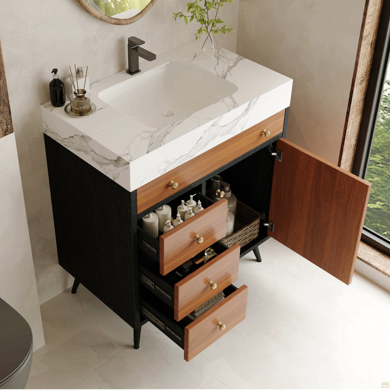 Meuble-lavabo autoportant moderne avec lavabo en céramique et plateau en pierre frittée, White