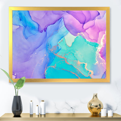Art liquide bleu et mauve infusé d'or, reproduction sur toile