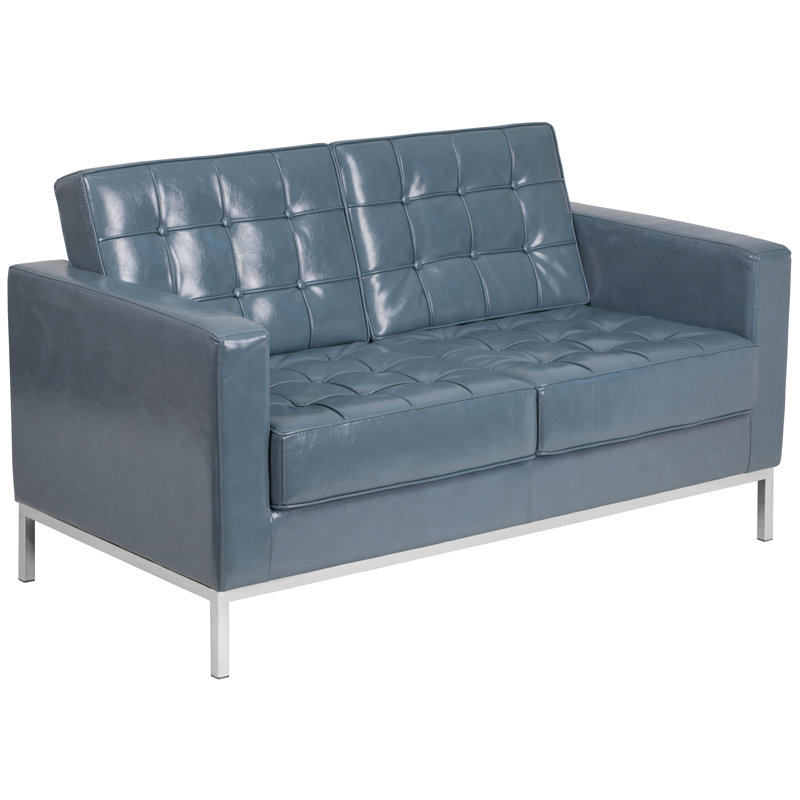 Amjed Contemporary Button Tufted Leather Loveseat w/ Steel Frame, Grey