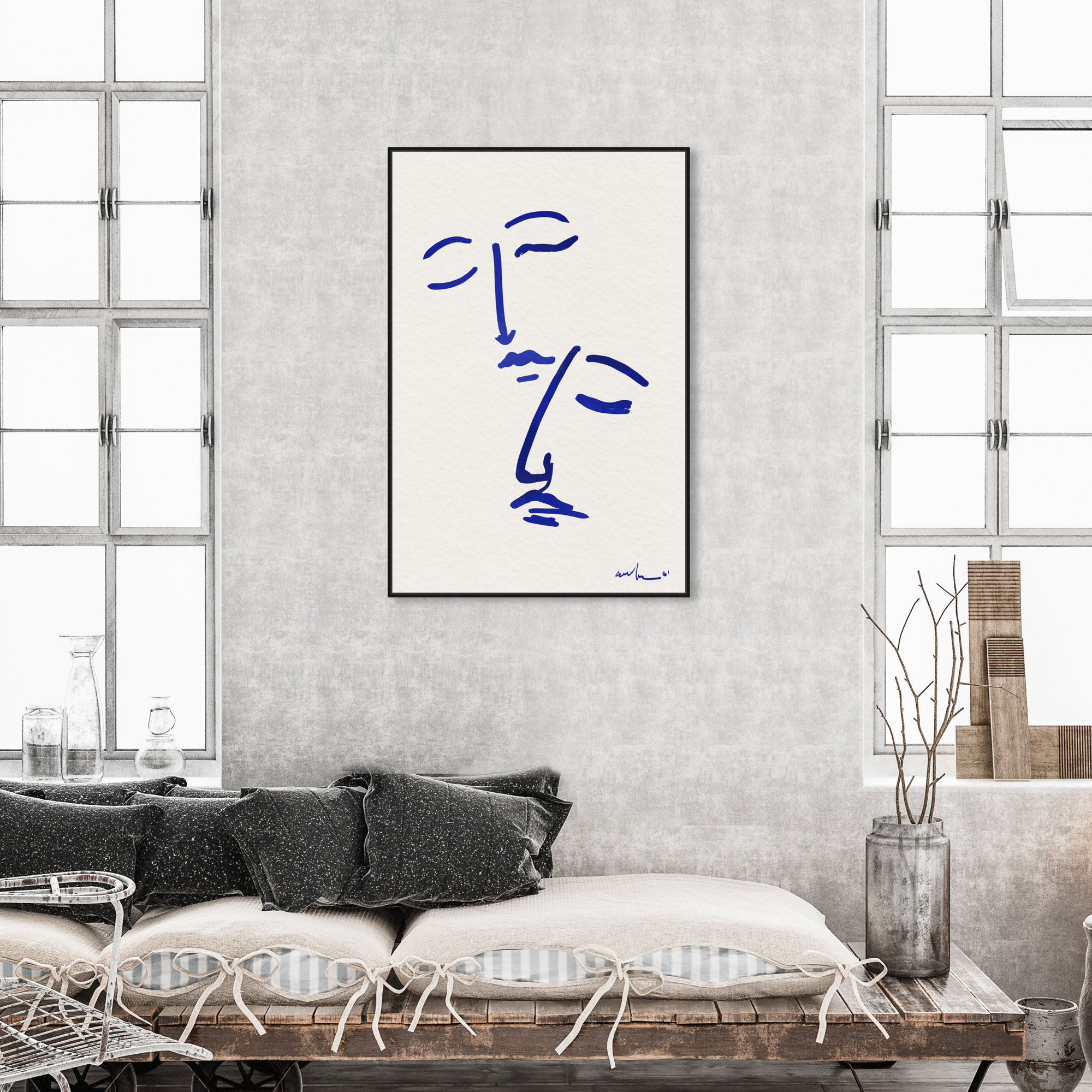 Abstract Couple Blue And White by Oliver Gal, 46" H x 31" W, Black