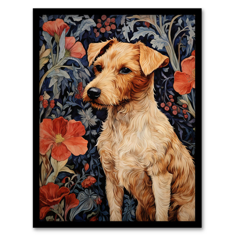 Fox Terrier On Elegant Poppy Floral William Morris Style - Single Picture Frame Print