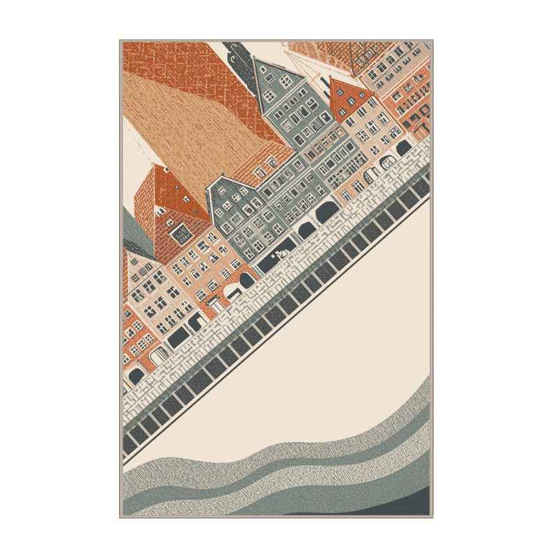 Machine Washable Pelico Copenhagen Nyhavn Harbor Scandinavian Block Print Rug in Beige – Beige Binding, 5x8
