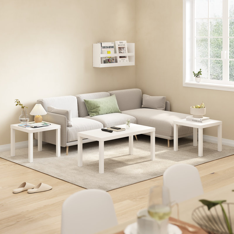 Furinno Classic Living Room Table Set Of 3, Modern Rectangle Coffee Table With 2 Side Tables, End Tables, 1.8 Inch Thick Tabletop For Living Room, Home Office, White