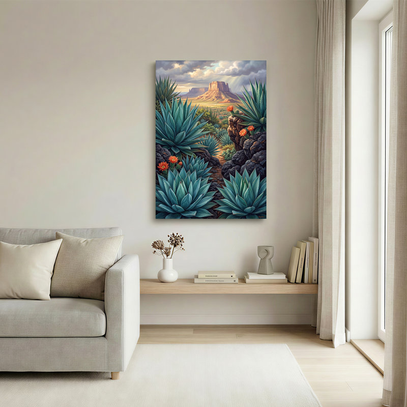 «Blue Agave Plants and Orange Cactus Flowers Near Rocky Mesa», art mural, 40"H x 28"W