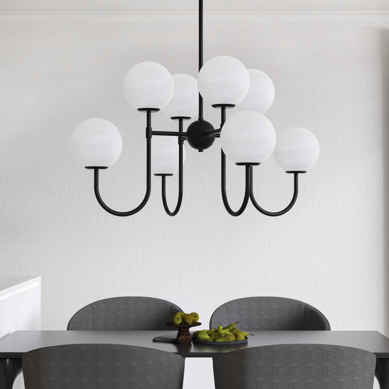 8-light 32"W Black Metal Modern Chandelier with Cloud Globe Glass Shades for Dining Room/living Room, Matte Black