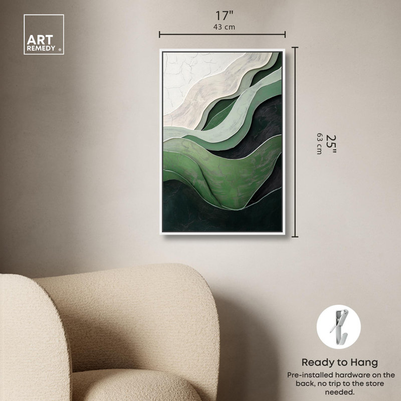 «Green Echoes I», art abstrait vert, H 25 po x l 17 po, Cadre blanc
