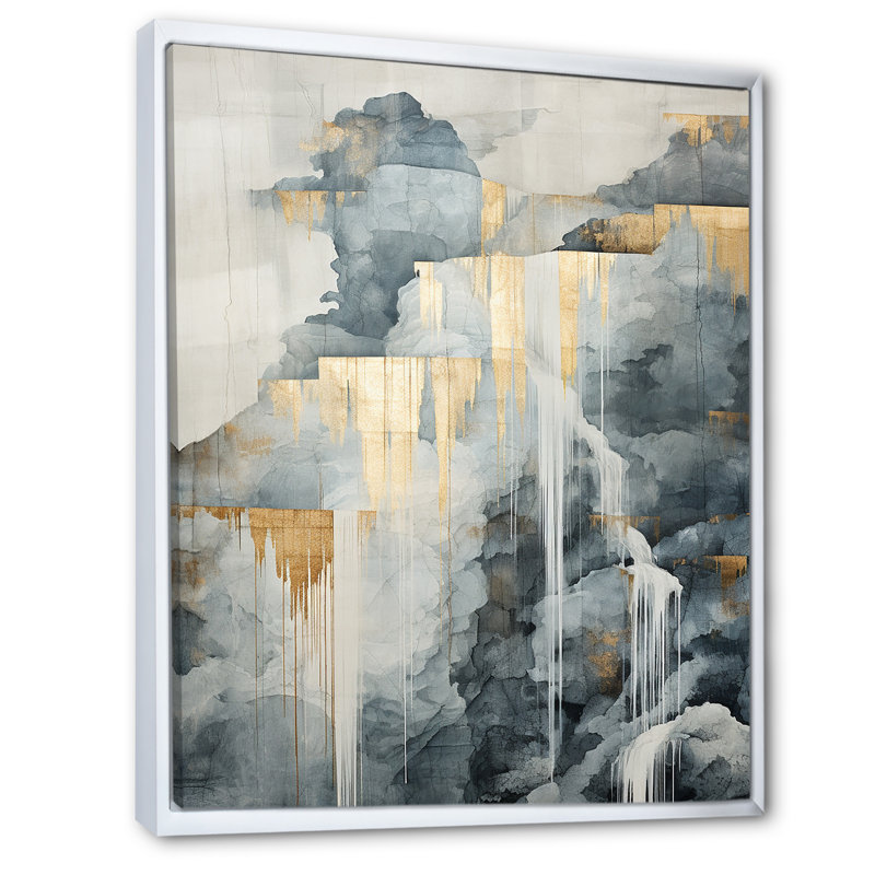 Or et gris cascade aventure sur toile, H 44 po x l 34 po x P 1,5 po, Cadre flottant blanc