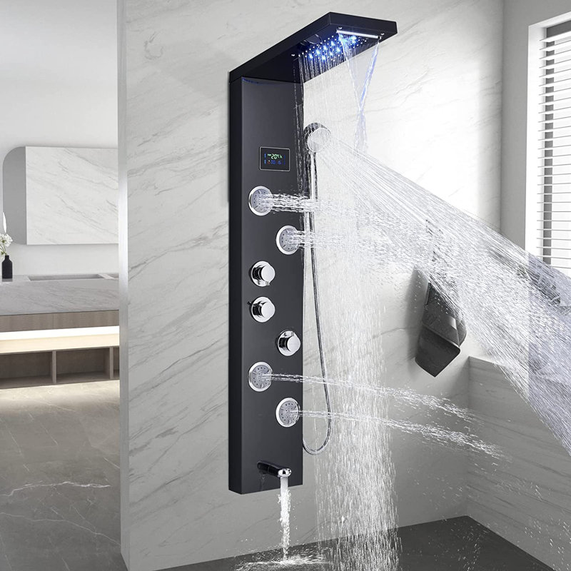 Système de tour à panneau de douche à DEL noir avec jets de massage cascade 5 fonctions