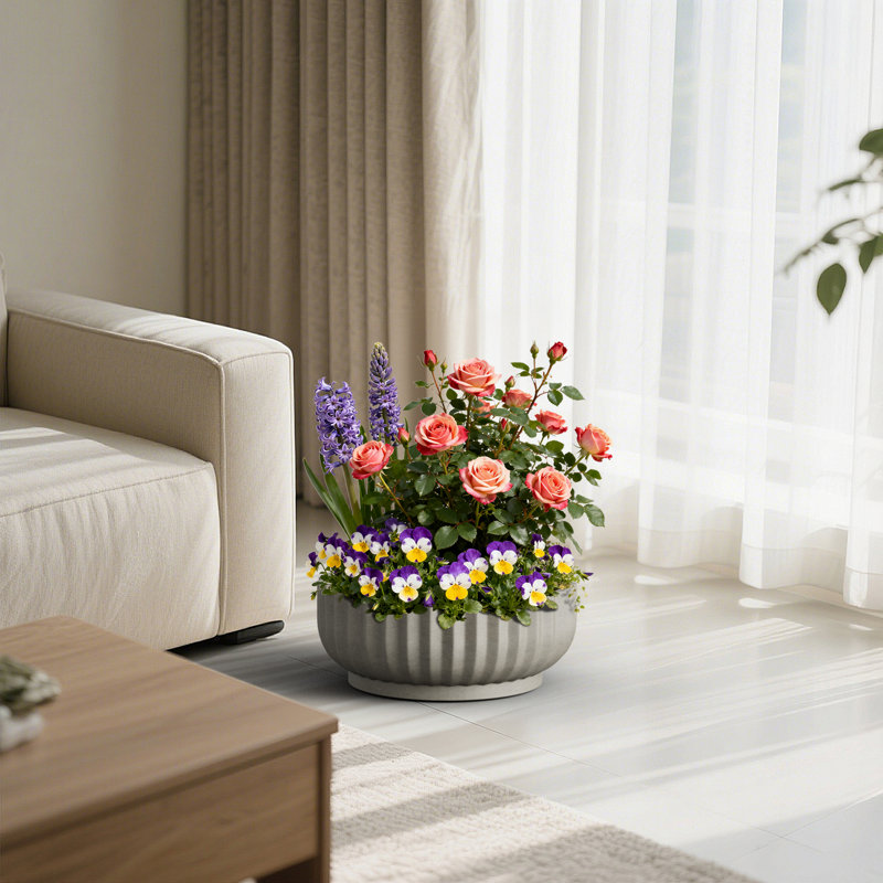 Grand pot à fleurs rond 21 po en pierre gris (intérieur amélioré) avec trou de drainage, Gris Pierre