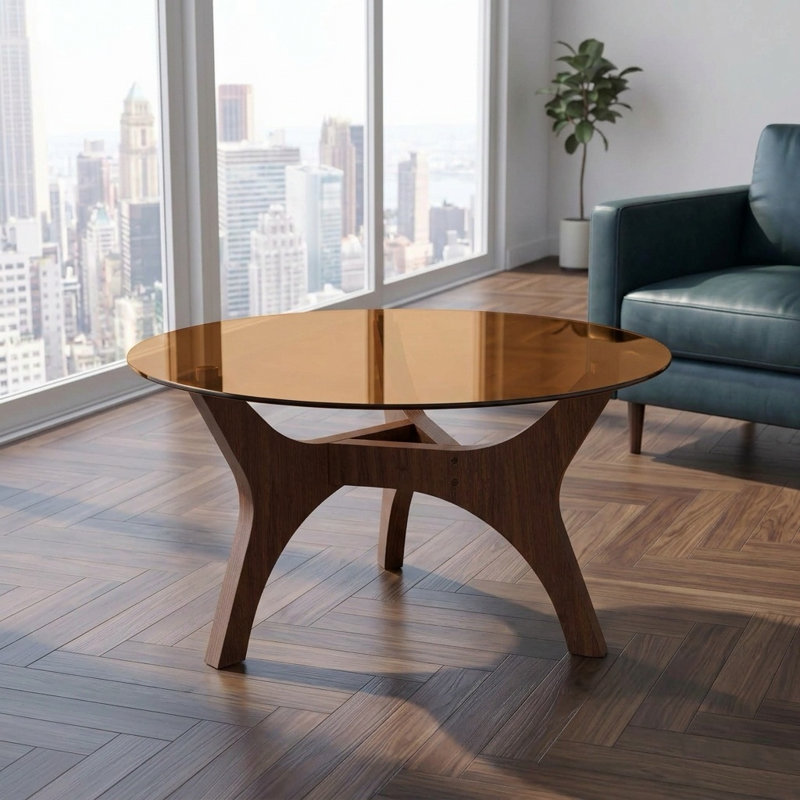Table basse ronde de style Mid-Century en verre ambré, fini noyer, 31,5 po