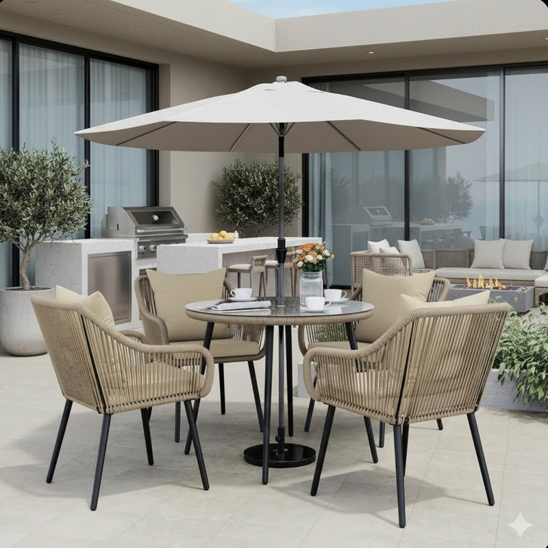 Ensemble de table de salle à manger 5 pièces en rotin et osier tressé avec trou pour parasol et coussins beiges