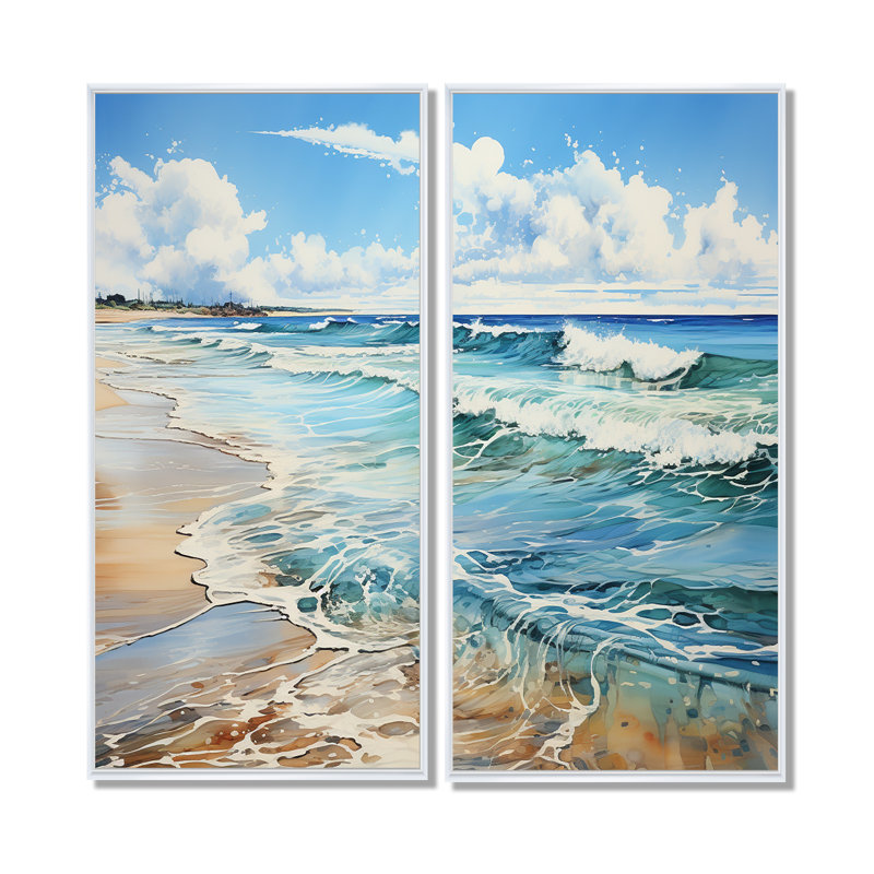 Plage bord de mer reflets pointillisme I - art mural côtier 2 panneaux, H 32 po x l 32 po, Blanc