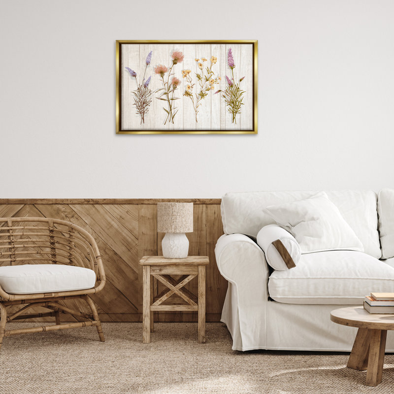 Toile flottante encadrée dorée Wild Flowers Sprig par Alex Black, Cadre flottant métallique doré, H 21 po x l 31 po