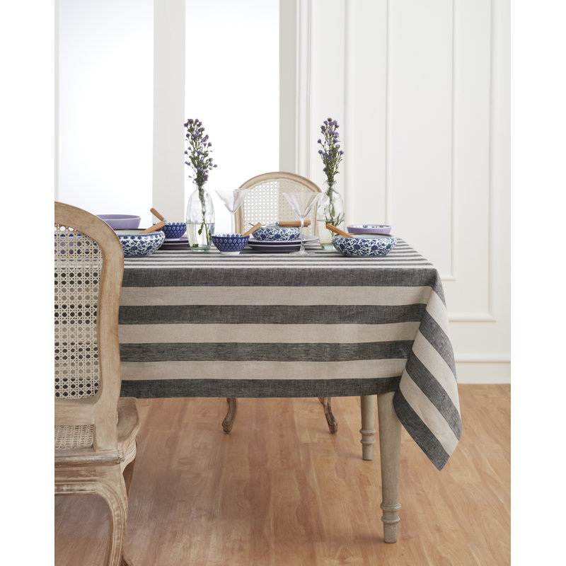 Cabana Stripe - 100% Pure Linen Tablecloth, 120" x 60", Black/Natural