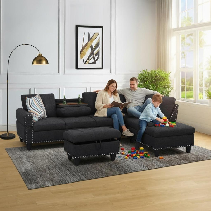 Convertible L-Shaped Couch With Movable Storage Ottoman – Space-Saving Design