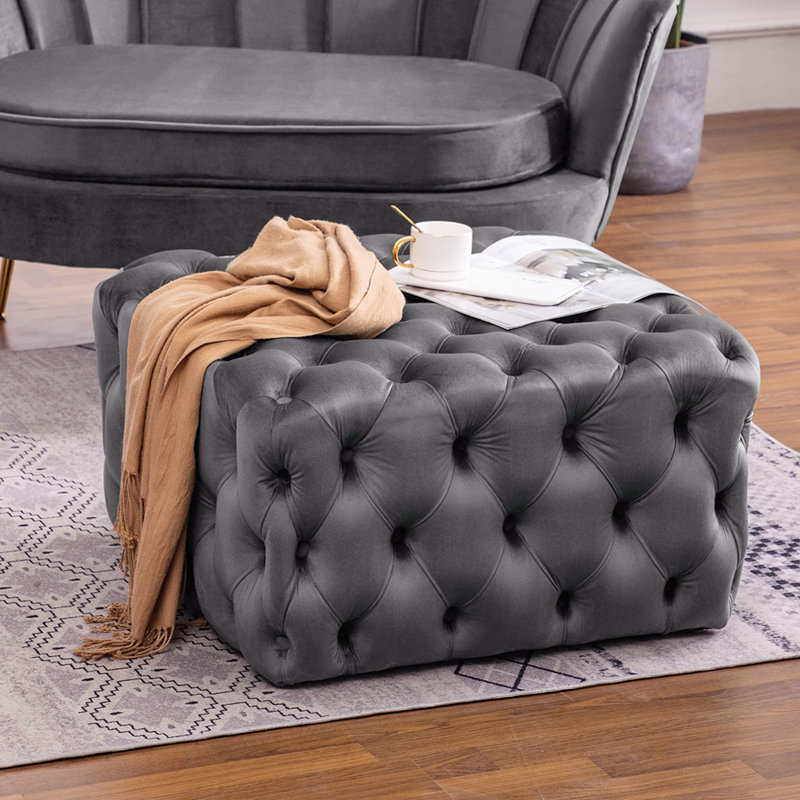 Coby 70cm Wide Velvet Tufted Square Solid Colour Cocktail Ottoman, Grey