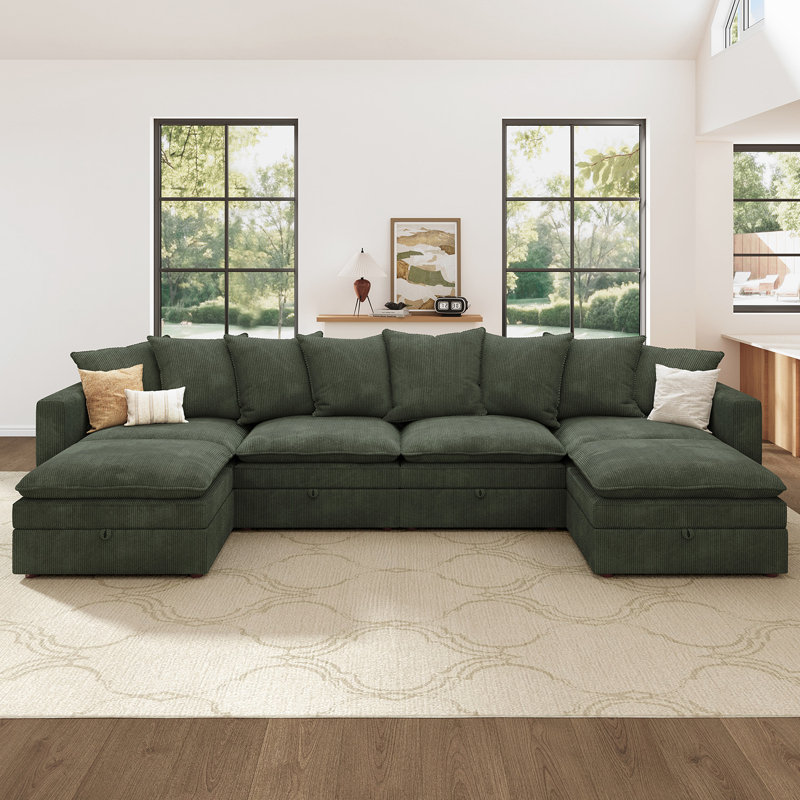 Wynter U-shaped Corduroy Modular Sectional Upholstered Storage Cloud Couch, Green Corduroy 