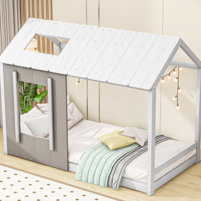 Lit simple avec toit et fenêtre lumineux, Blanc / Gris