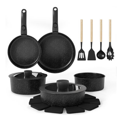 Batterie de cuisine 17 pièces avec poignée amovible, en aluminium noir avec revêtement antiadhésif en céramique, compatible gaz et induction.