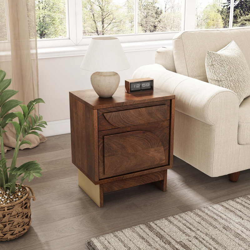 Table de chevet en bois avec 1 tiroir, finition noyer