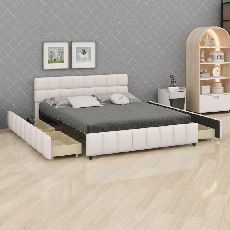 Lit tapissier moderne avec tête de lit capitonnée en bloc, lit plateforme et quatre tiroirs de rangement pratiques, Beige