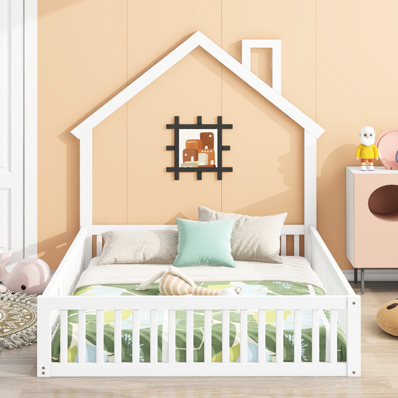 Lit de garde-corps double en bois blanc - Plateforme en forme de maison fonctionnelle avec taille, chaud