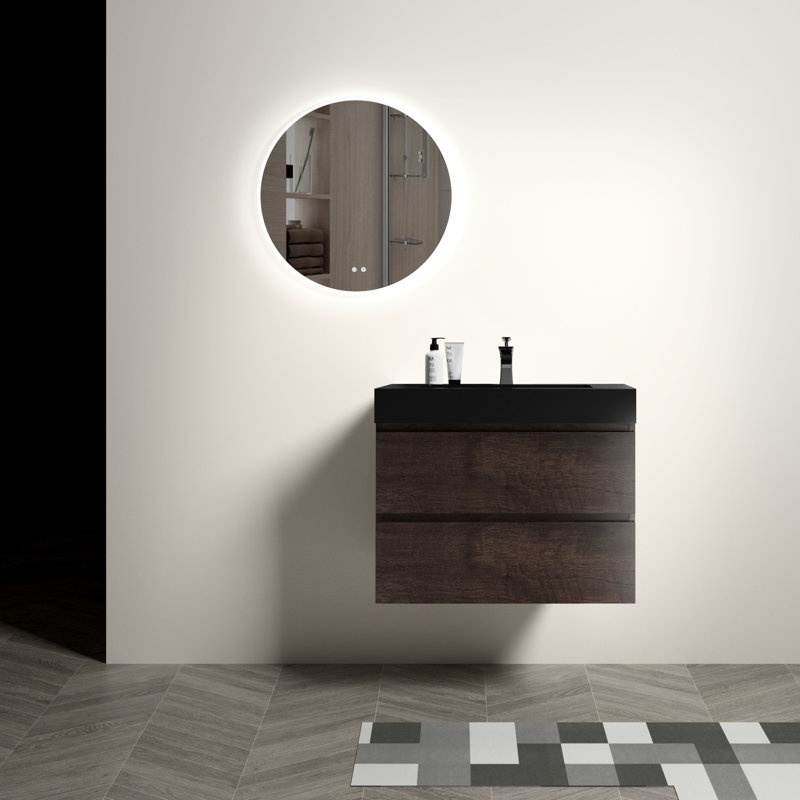 Meuble-lavabo suspendu de 76 cm (30 po) en noyer, un lavabo noir, trois tiroirs, tiroirs inclinés à 45°
