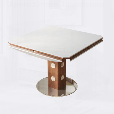 Extendable Round Dining Table for 4-6 People, Folding Kitchen Table with Drop Leaf, White Sintered Stone Top & Walnut Wood Column, Space-Saving for Sm