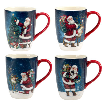 Père Noël 16 oz. Ensemble de 4 tasses de Noël - Tasses à café festives, allant au lave-vaisselle et au micro-ondes, conception de Noël d'antan, parfaite pour le cacao et les boissons saisonnières