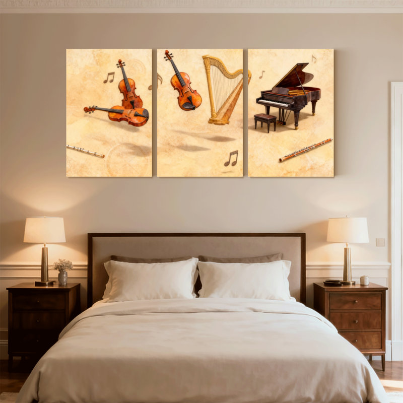 «Fashion Violin Cello Harp Piano Flute Music Notes Art», ensemble de 3 impressions sur toile, H 18 po x l 36 po