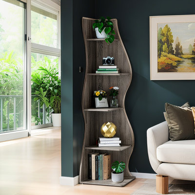 5-Tier Corner Bookcase, Unique Geometric Design Bookshelf