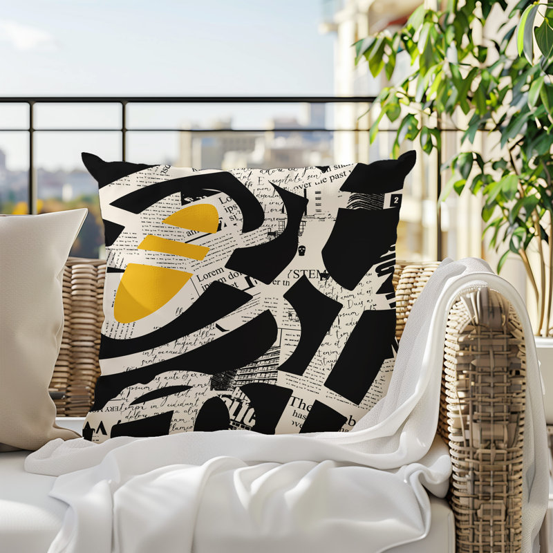 Oreiller carré réversible intérieur / extérieur Kaya, H 15 po x l 15 po, Jaune / noir / blanc cassé abstrait