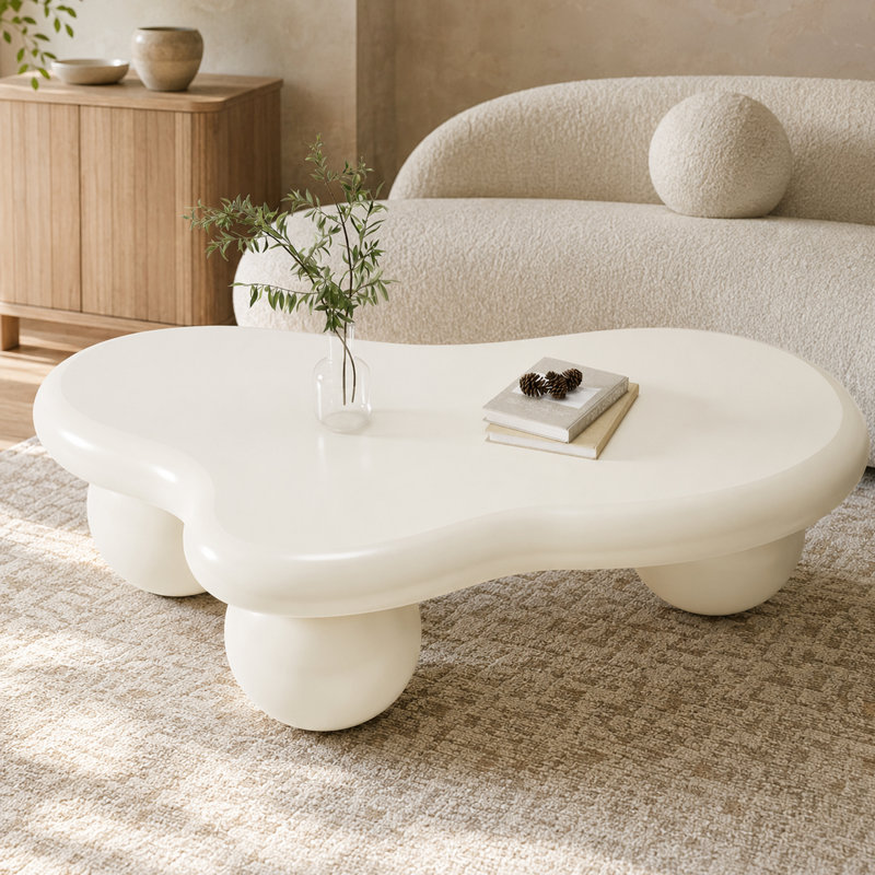 39.4" Modern Cloud Coffee Table – White Irregular Oval Top With Wood Ball Tripod Base, Soft Matte Finish