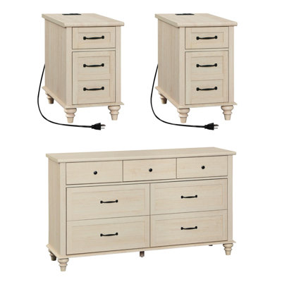 Scarlett 3 Piece Bedroom Set - Includes Mid Century 7 Drawer Dresser, Set Of 2 Side Tables With Charging Station & Storage Cabinet, 3 Piece Dresser And Nightstand Sets