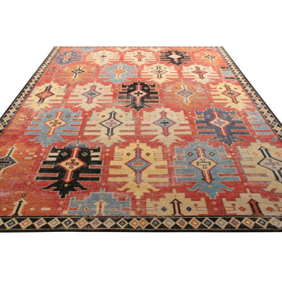 Distressed Homage Hand Knotted Wool Geometric Area Rug in Blue, Beige, Black, Red