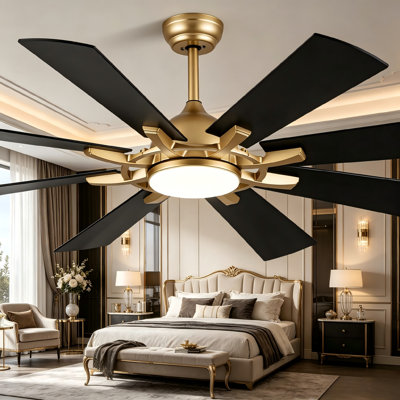 Grand ventilateur de plafond doré et noir de 60 pouces avec lumière et télécommande, DEL à intensité variable 3CCT, moteur à courant continu silencieux à 6 vitesses, pour la chambre à coucher, le salon et le patio