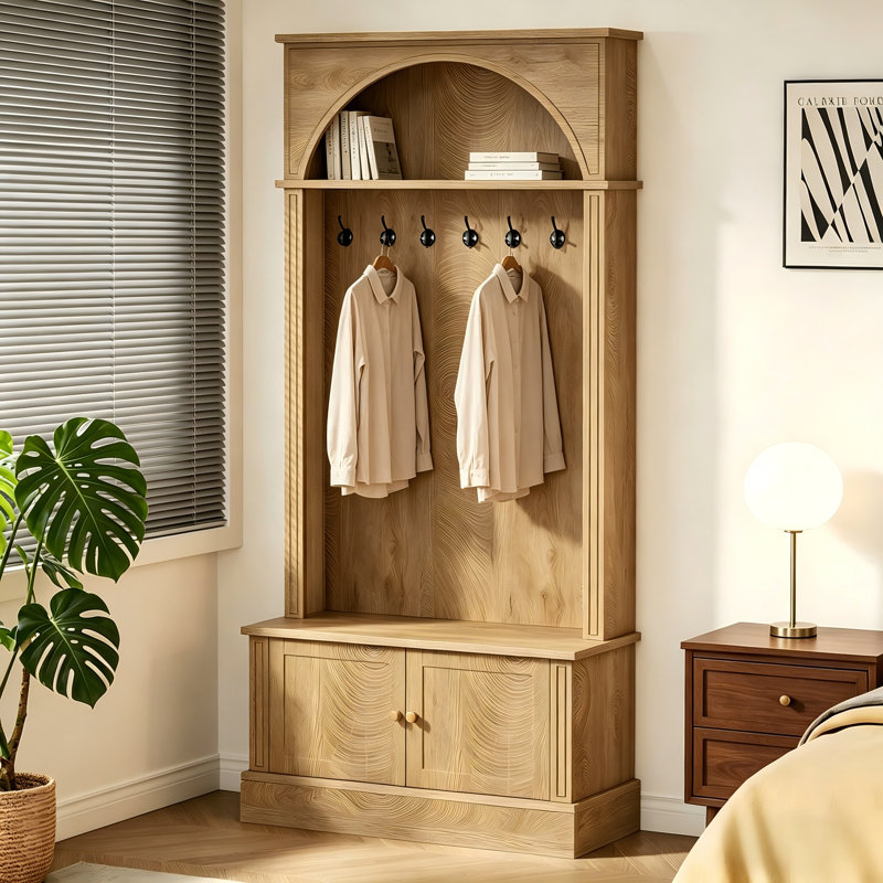 Vintage Brown Toned Farmhouse Style Entrance Storage Rack, With A Four In One Combination Design, Equipped With Soft Cushioned Benches, Hooks, And Adjustable Shelves