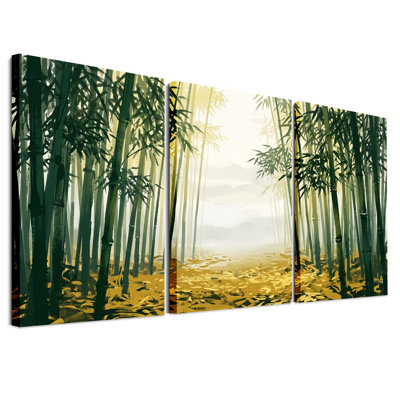 Green Bamboo Forest in Golden Mist Set Of 3 Canvas Wall Art