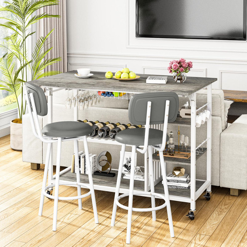 3 - Person Four Leg Dining Set, Bar Table Set With Storage And Wine Shelves, With Counter Height Faux Marble Table And 2 Stools, Space Saving Bar Table And Chairs Set For Dining Room